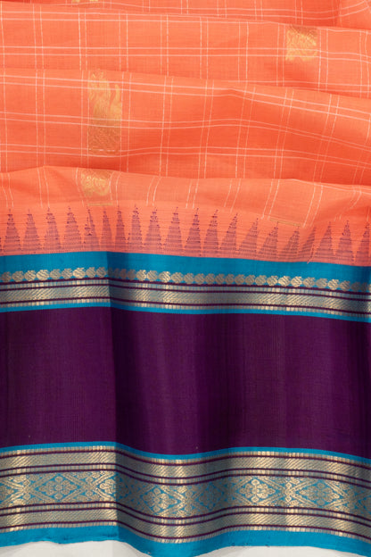 Chettinad Cotton Checks And Butta Pastel Orange Saree