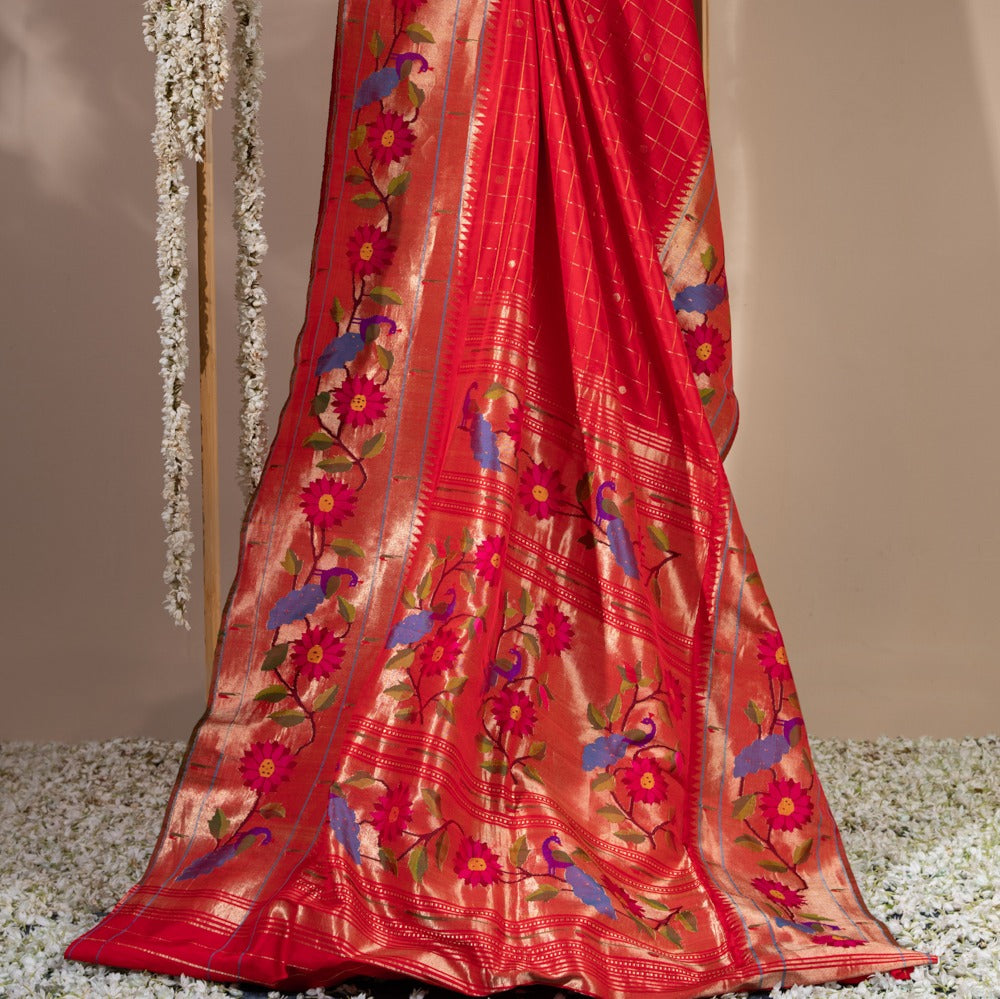 Paithani Silk Checks Red Saree With Morachi Border