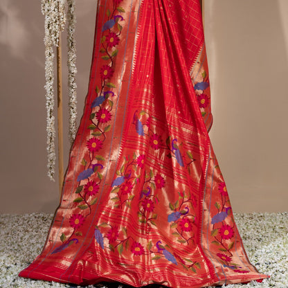 Paithani Silk Checks Red Saree With Morachi Border