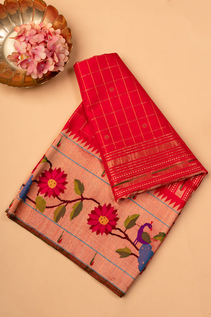 Paithani Silk Checks Red Saree With Morachi Border