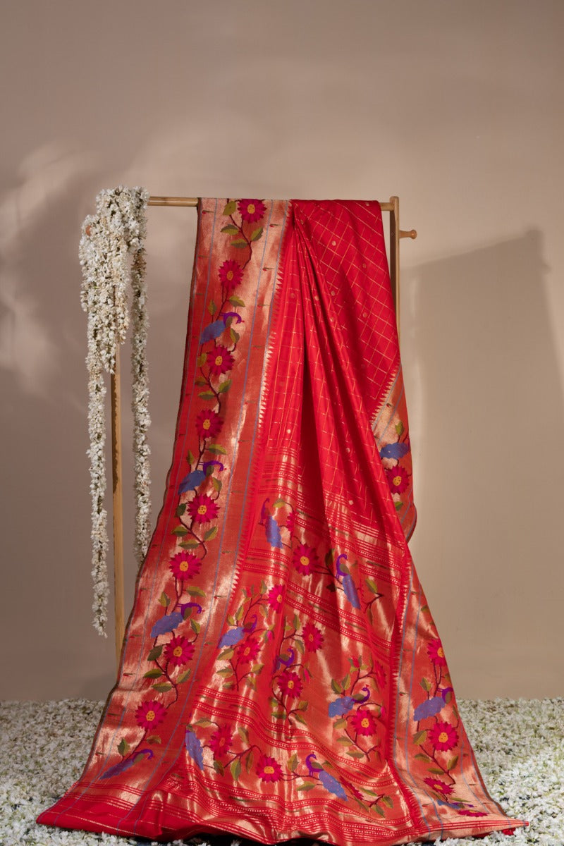 Paithani Silk Checks Red Saree With Morachi Border