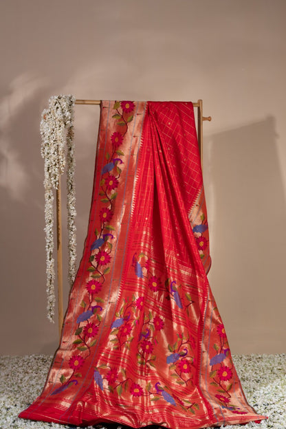 Paithani Silk Checks Red Saree With Morachi Border
