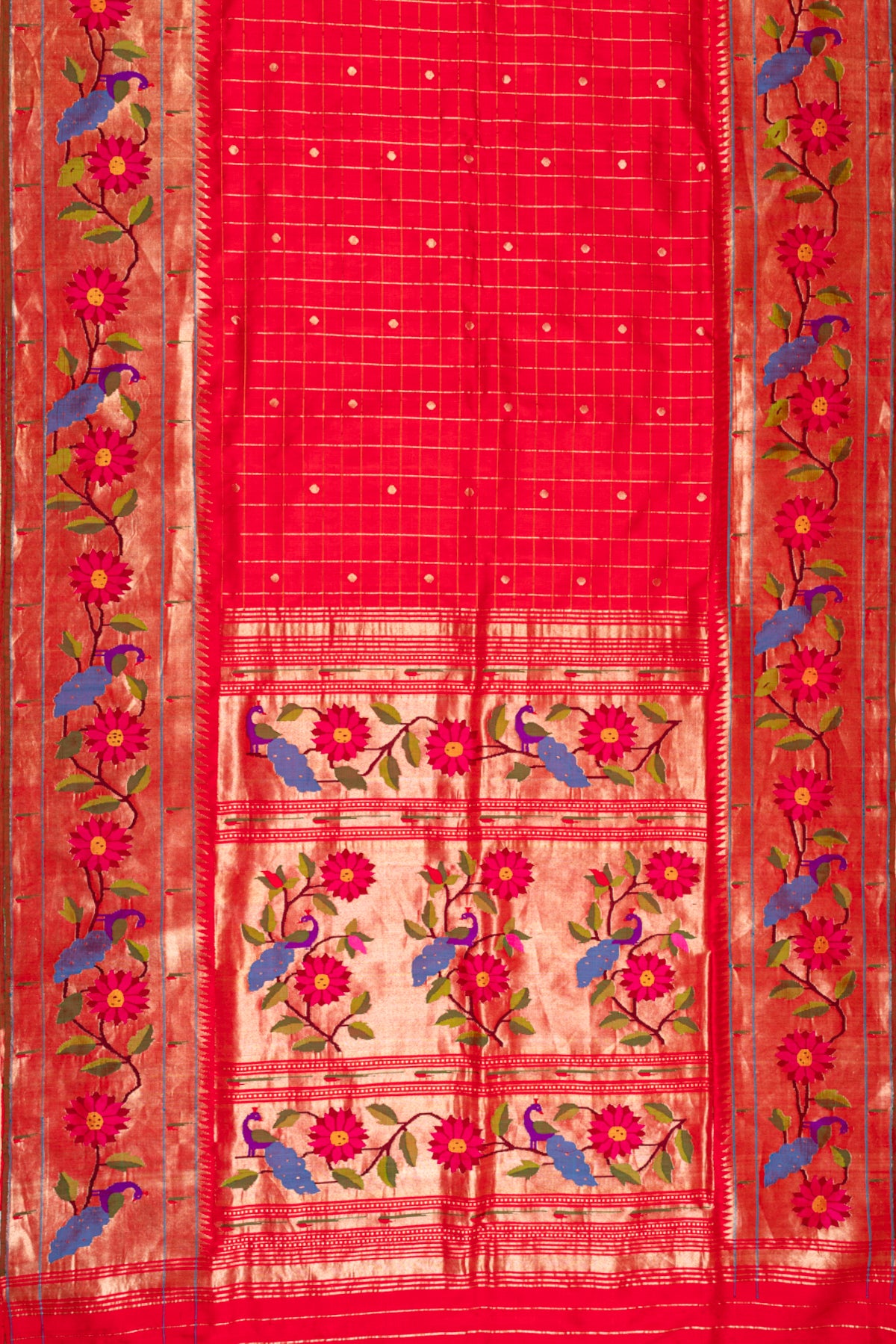 Paithani Silk Checks Red Saree With Morachi Border
