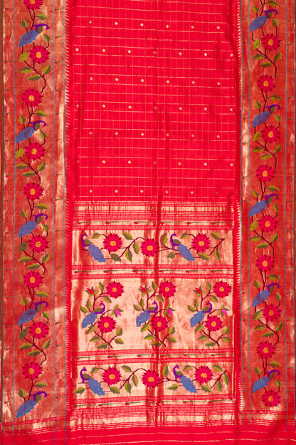 Paithani Silk Checks Red Saree With Morachi Border