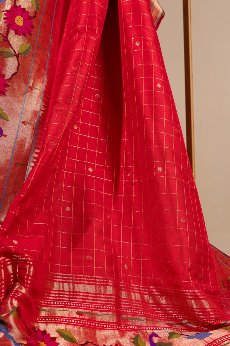 Paithani Silk Checks Red Saree With Morachi Border