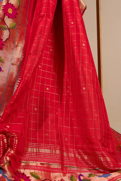 Paithani Silk Checks Red Saree With Morachi Border