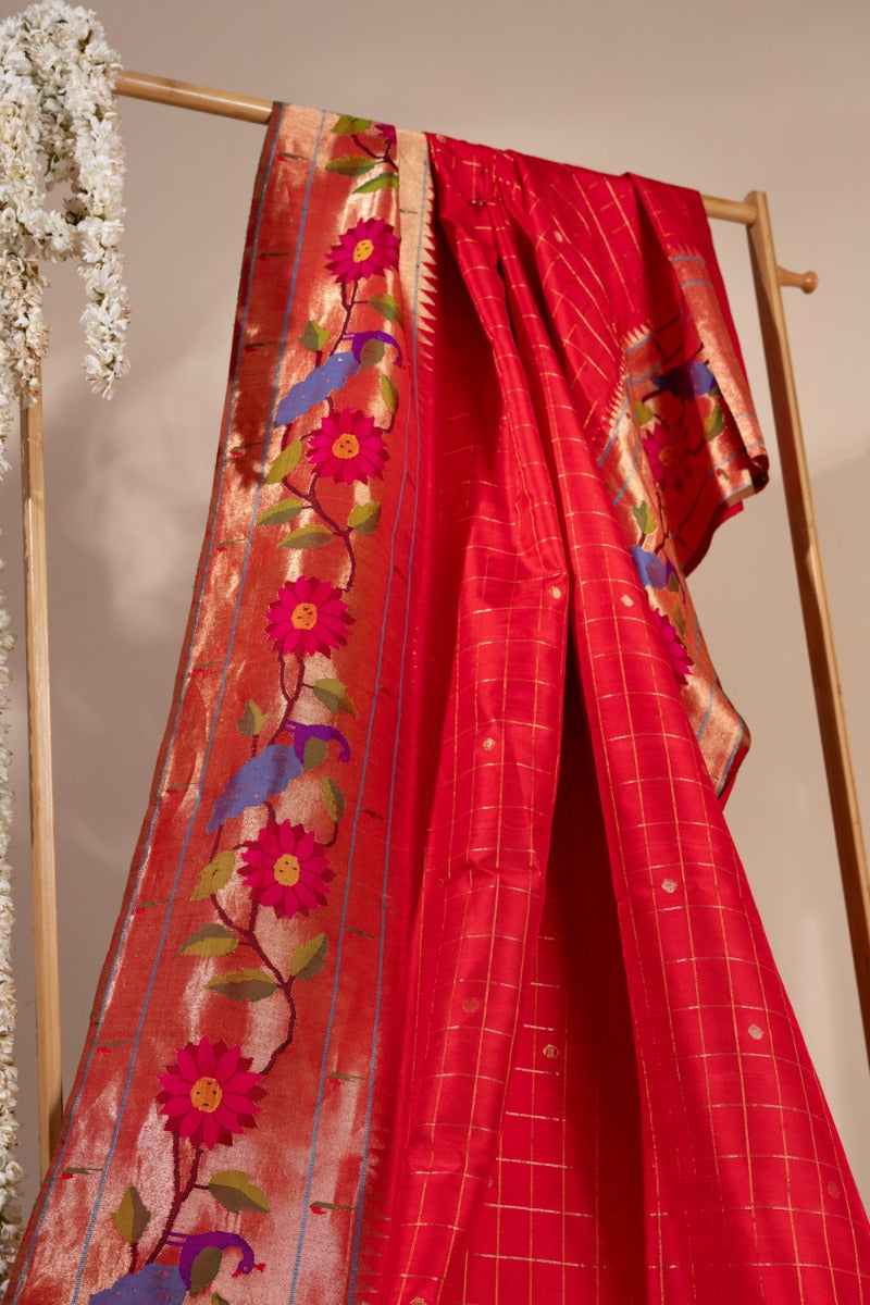 Paithani Silk Checks Red Saree With Morachi Border