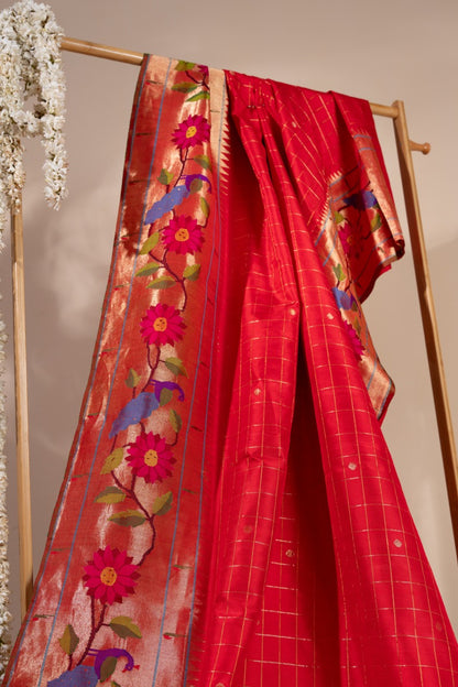 Paithani Silk Checks Red Saree With Morachi Border