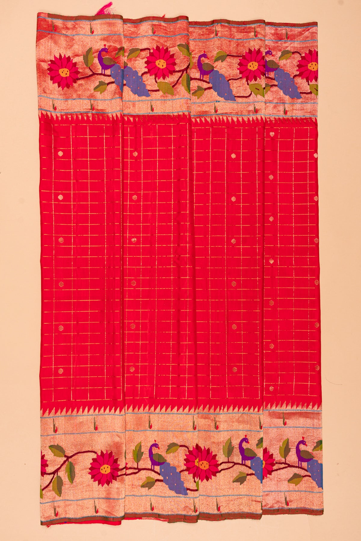 Paithani Silk Checks Red Saree With Morachi Border
