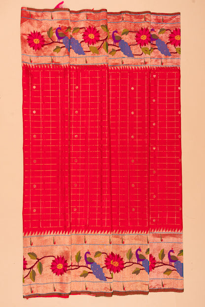 Paithani Silk Checks Red Saree With Morachi Border