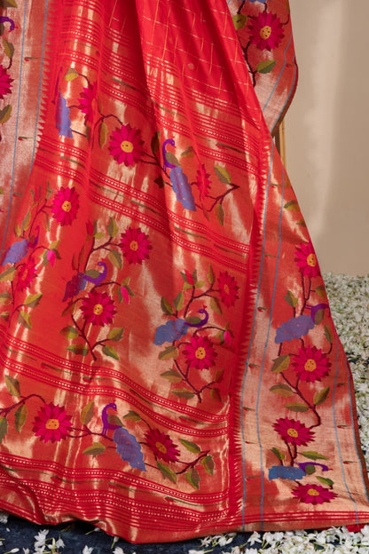 Paithani Silk Checks Red Saree With Morachi Border