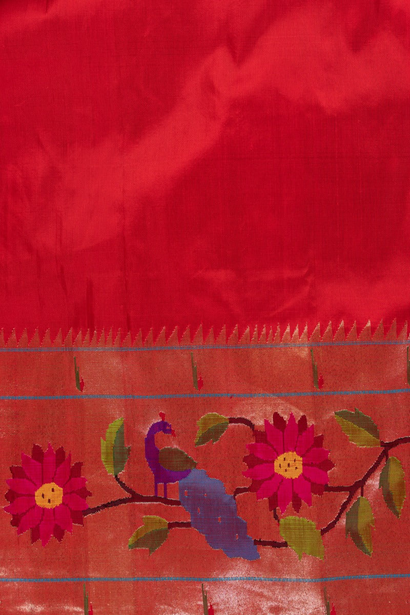 Paithani Silk Checks Red Saree With Morachi Border