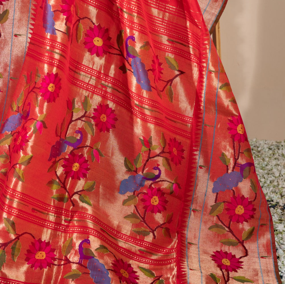 Paithani Silk Checks Red Saree With Morachi Border