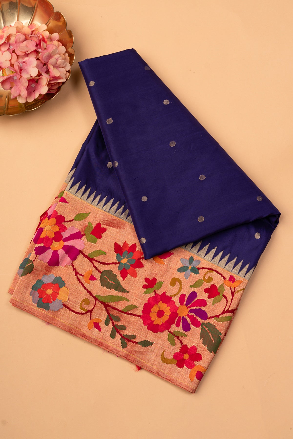 Paithani Silk Butta Royal Blue Saree With Morachi Border