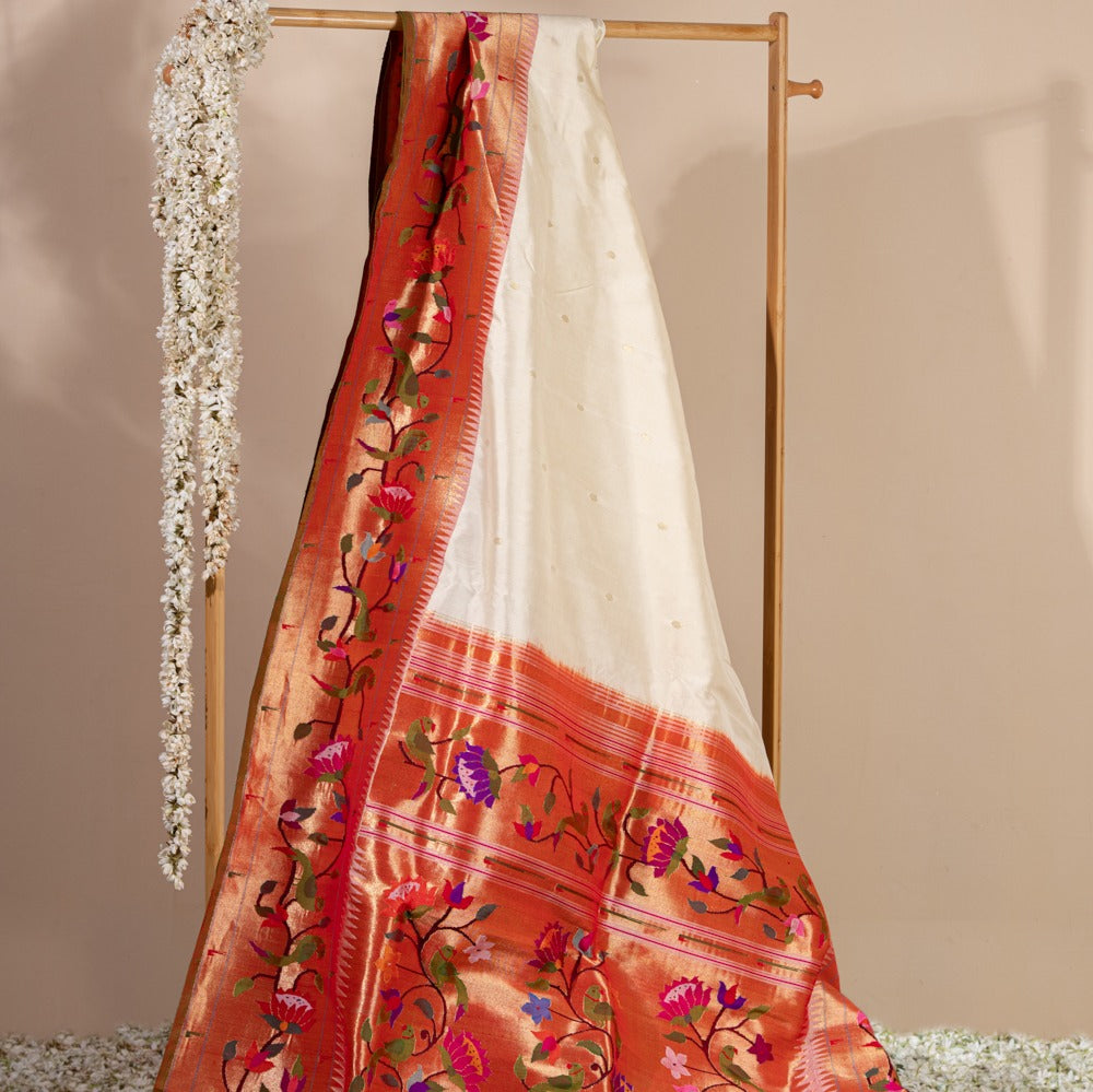 Paithani Silk Butta Off White Saree With Kamal Pushpa And Muniya Border