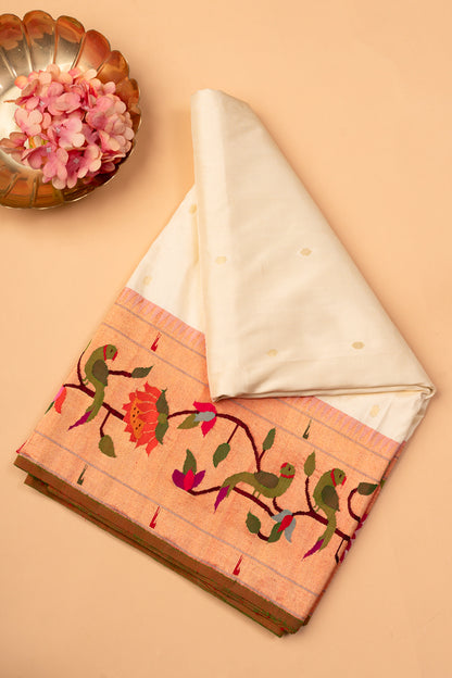Paithani Silk Butta Off White Saree With Kamal Pushpa And Muniya Border