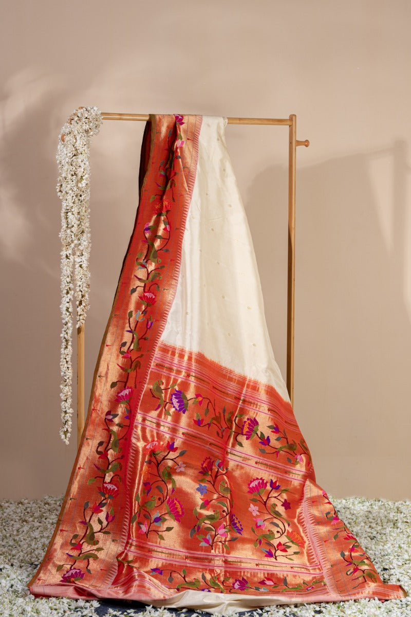 Paithani Silk Butta Off White Saree With Kamal Pushpa And Muniya Border