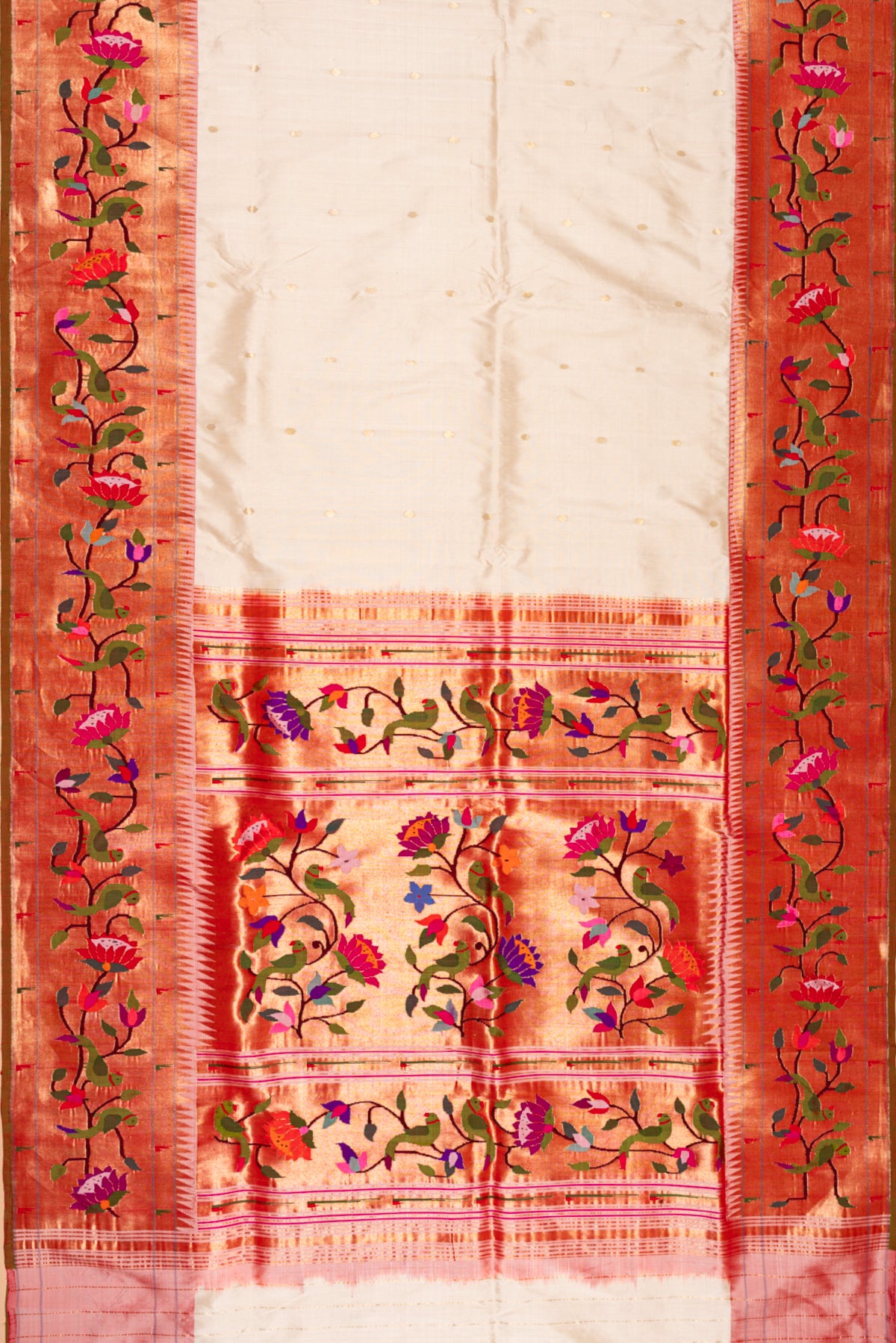 Paithani Silk Butta Off White Saree With Kamal Pushpa And Muniya Border