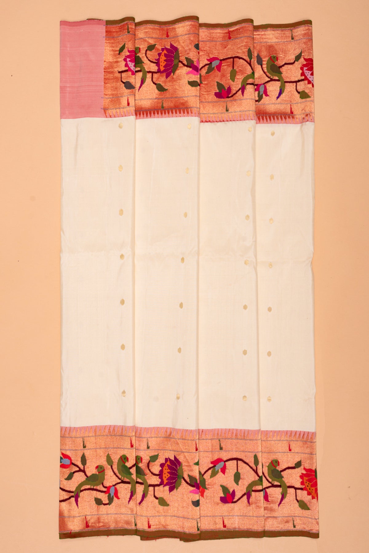 Paithani Silk Butta Off White Saree With Kamal Pushpa And Muniya Border