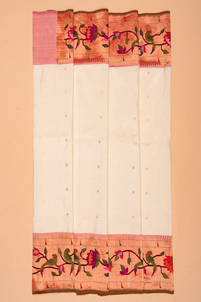 Paithani Silk Butta Off White Saree With Kamal Pushpa And Muniya Border