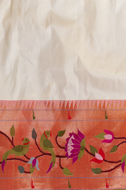 Paithani Silk Butta Off White Saree With Kamal Pushpa And Muniya Border