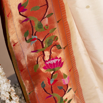 Paithani Silk Butta Off White Saree With Kamal Pushpa And Muniya Border