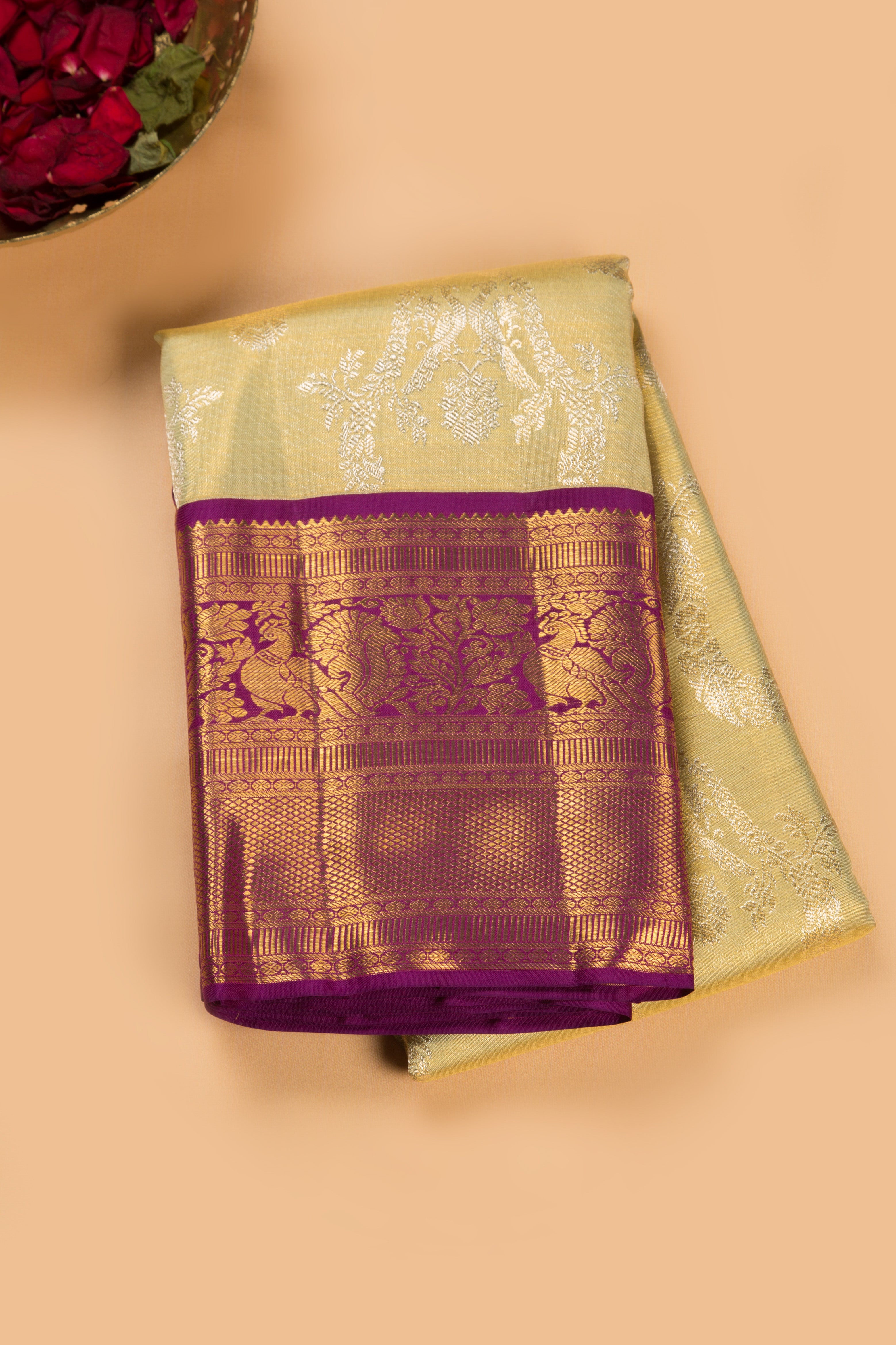Kanchipuram Silk Tissue Jaal Pastel Green Saree