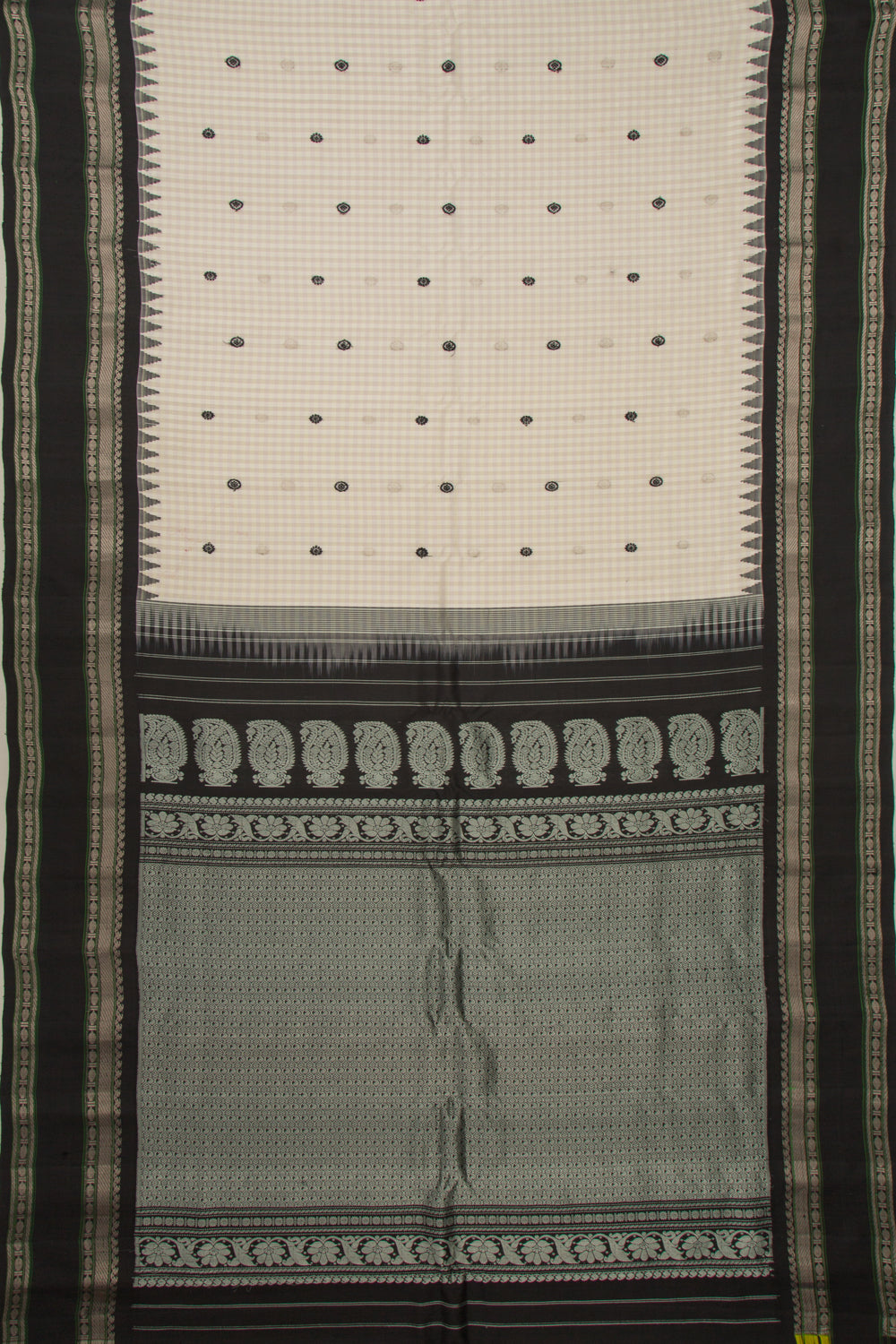 Gadwal Cotton Silk Checks And Butta White And Black Saree