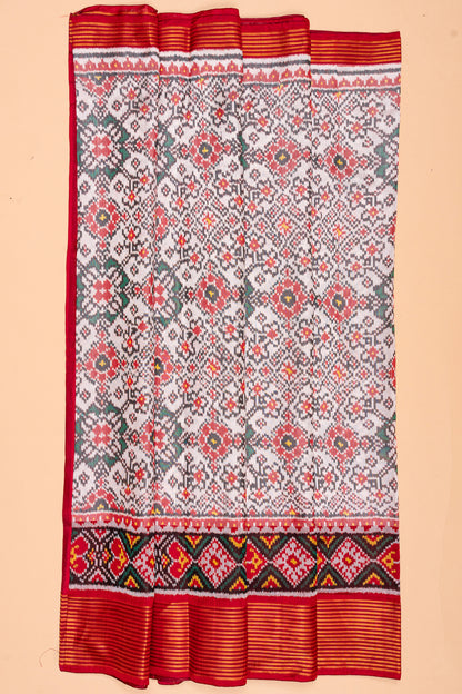 Semi Patan Patola Silk Ikat White Saree