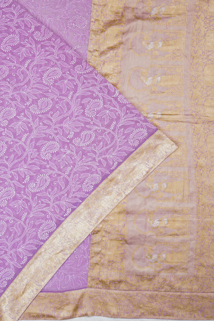 Lucknow Chikankari Georgette Embroidery Lavender Saree With Attached Banarasi Border