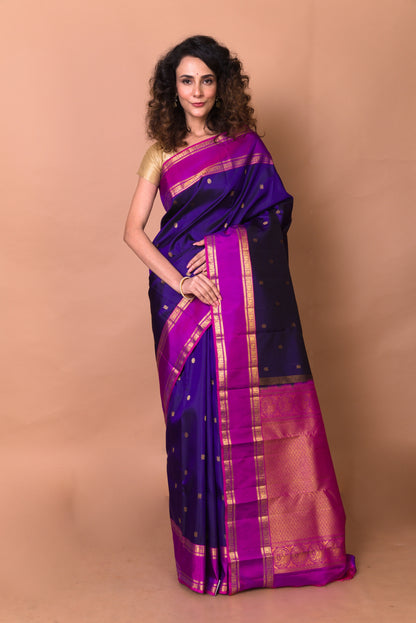 Kanchipuram Silk Butta Violet Saree With Rettai Pattu Border
