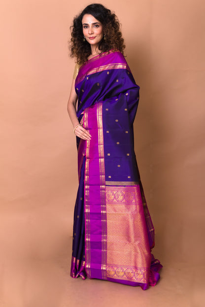 Kanchipuram Silk Butta Violet Saree With Rettai Pattu Border