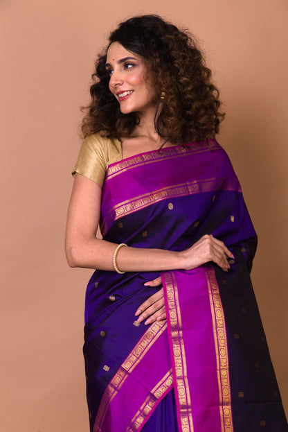 Kanchipuram Silk Butta Violet Saree With Rettai Pattu Border