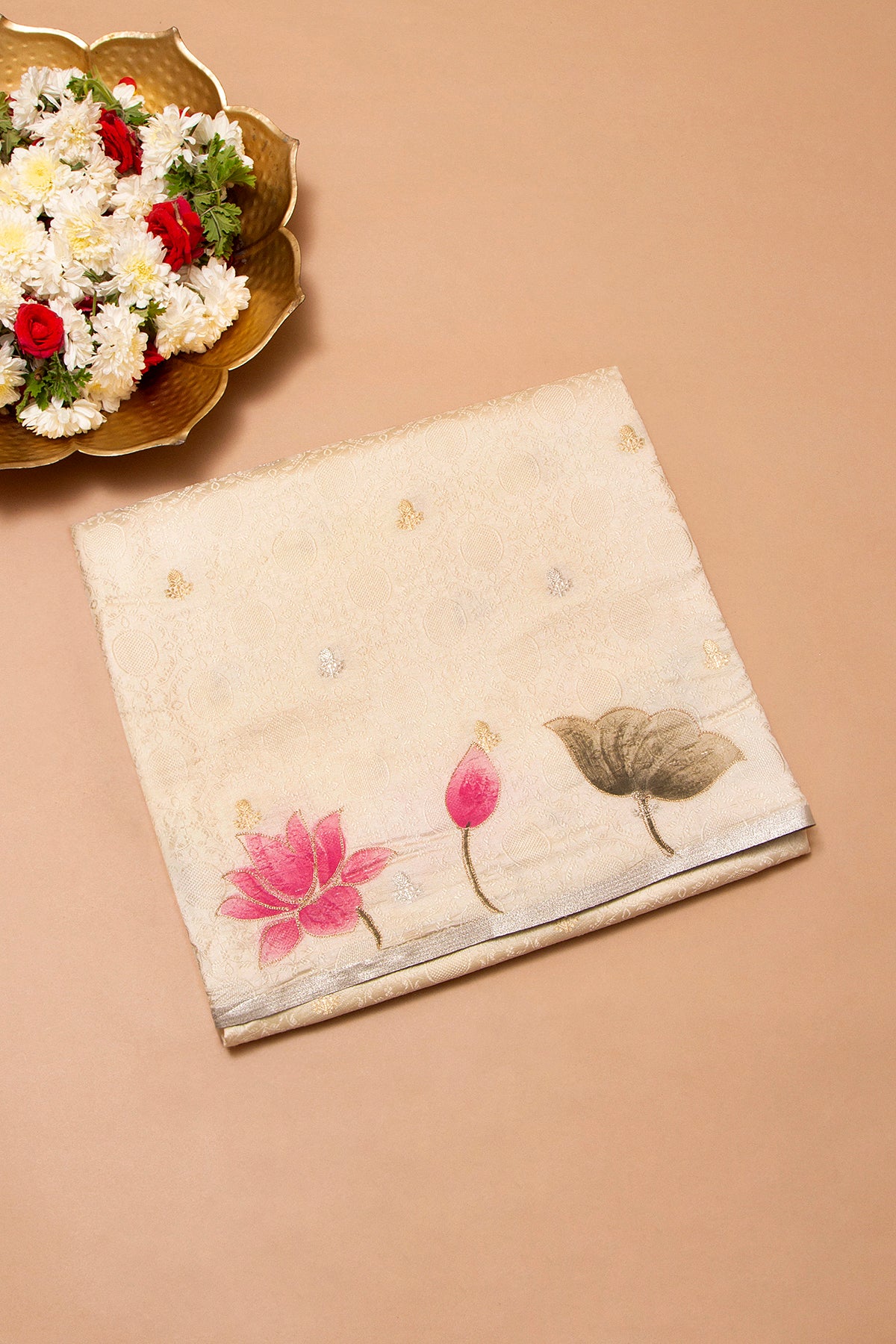 Banarasi Katan Silk Jacquard And Butta Cream Saree With Printed Border