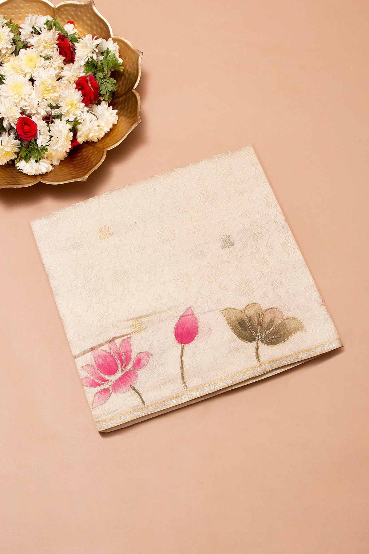 Banarasi Katan Silk Jacquard And Butta Cream Saree With Printed Border