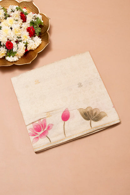 Banarasi Katan Silk Jacquard And Butta Cream Saree With Printed Border