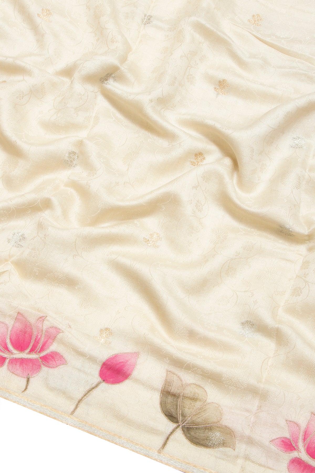 Banarasi Katan Silk Jacquard And Butta Cream Saree With Printed Border