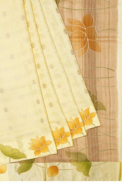 Soft Tussar Jacquard And Butta Lemon Yellow Saree With Flora