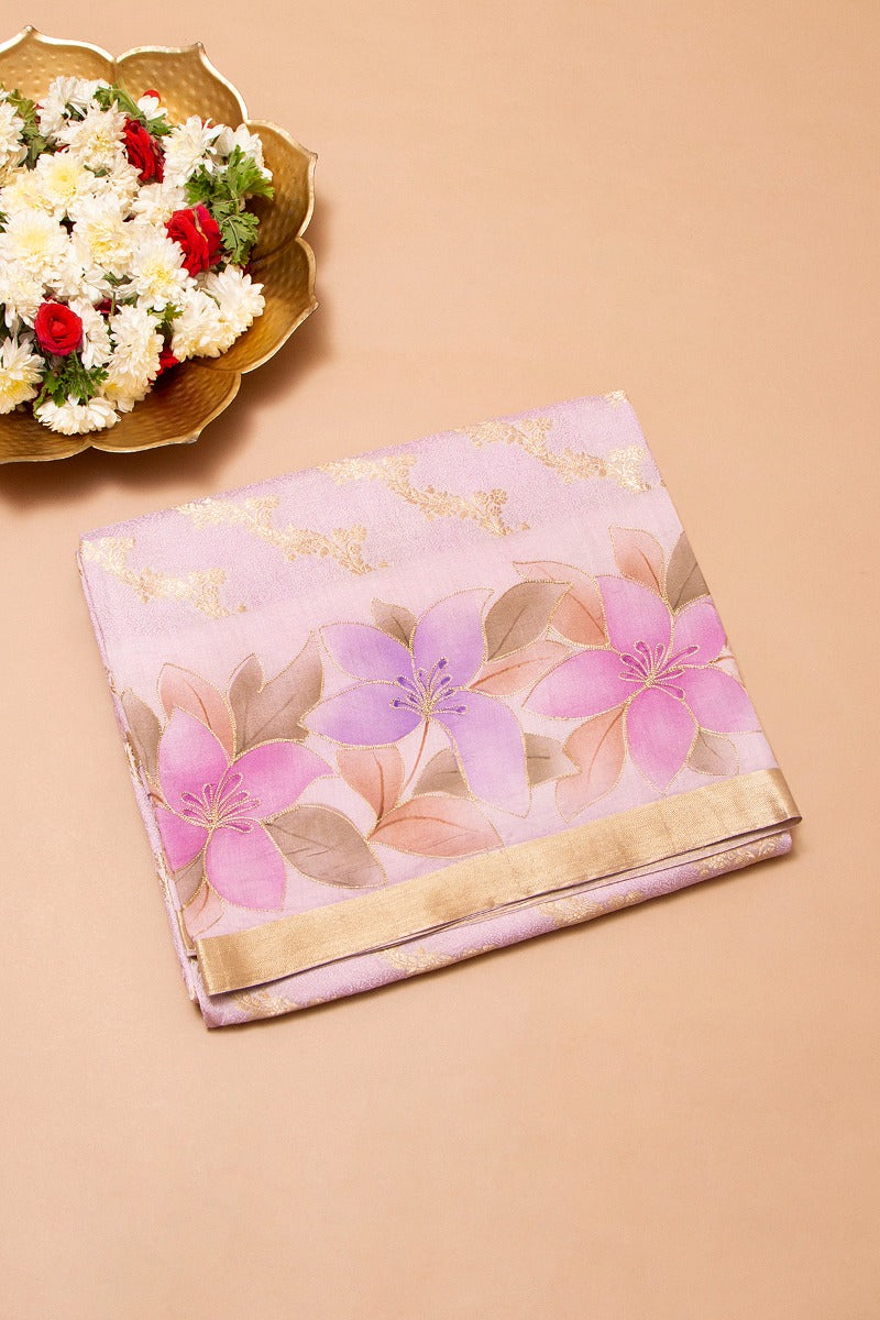 Soft Tussar Jacauard And Jaal Pink Saree With Printed Border