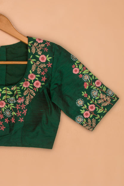 Raw Silk Readymade Padded Bottle Green Blouse