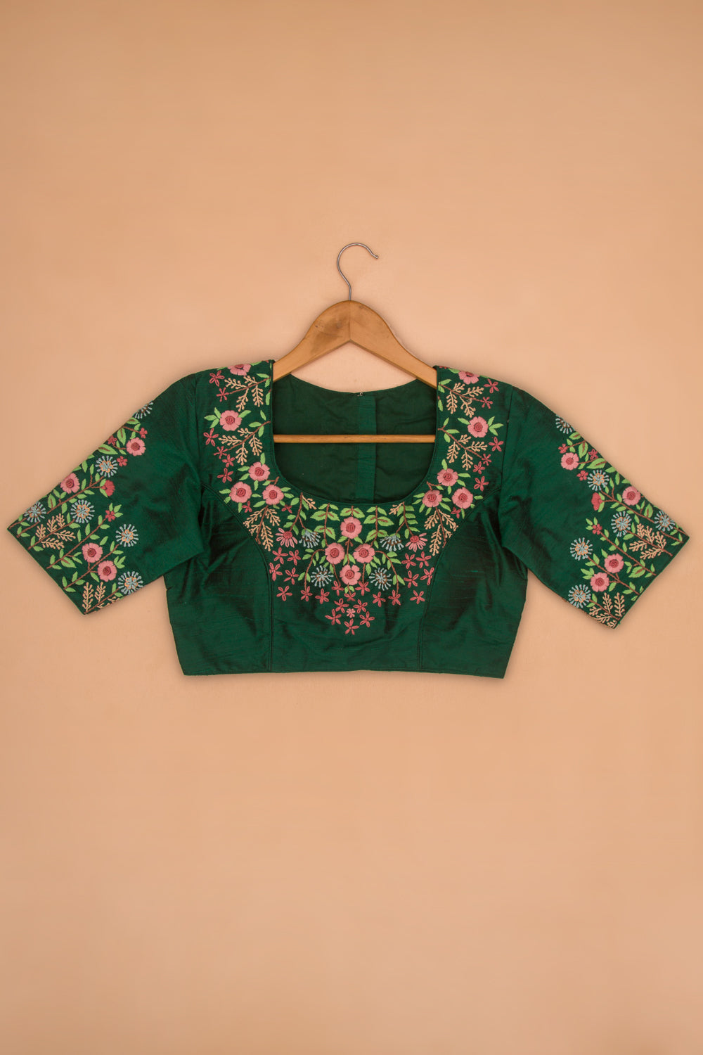 Raw Silk Readymade Padded Bottle Green Blouse