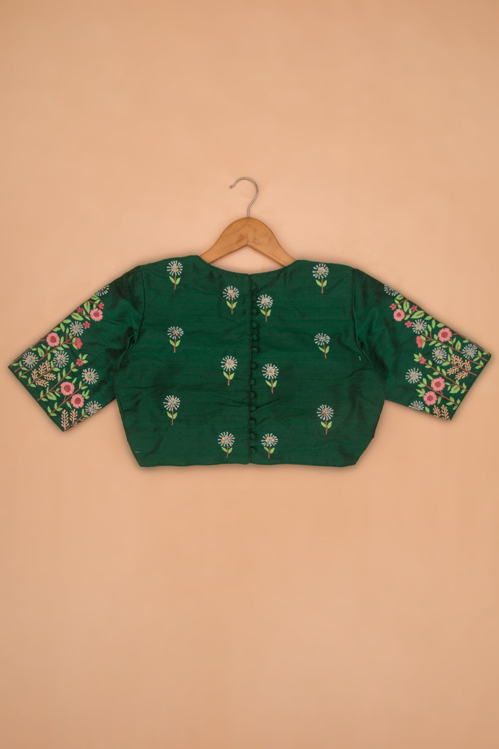 Raw Silk Readymade Padded Bottle Green Blouse