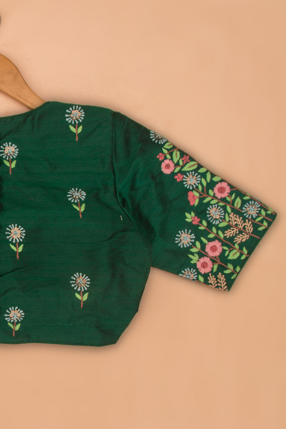 Raw Silk Readymade Padded Bottle Green Blouse