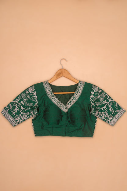 Raw Silk Readymade Padded Bottle Green Blouse
