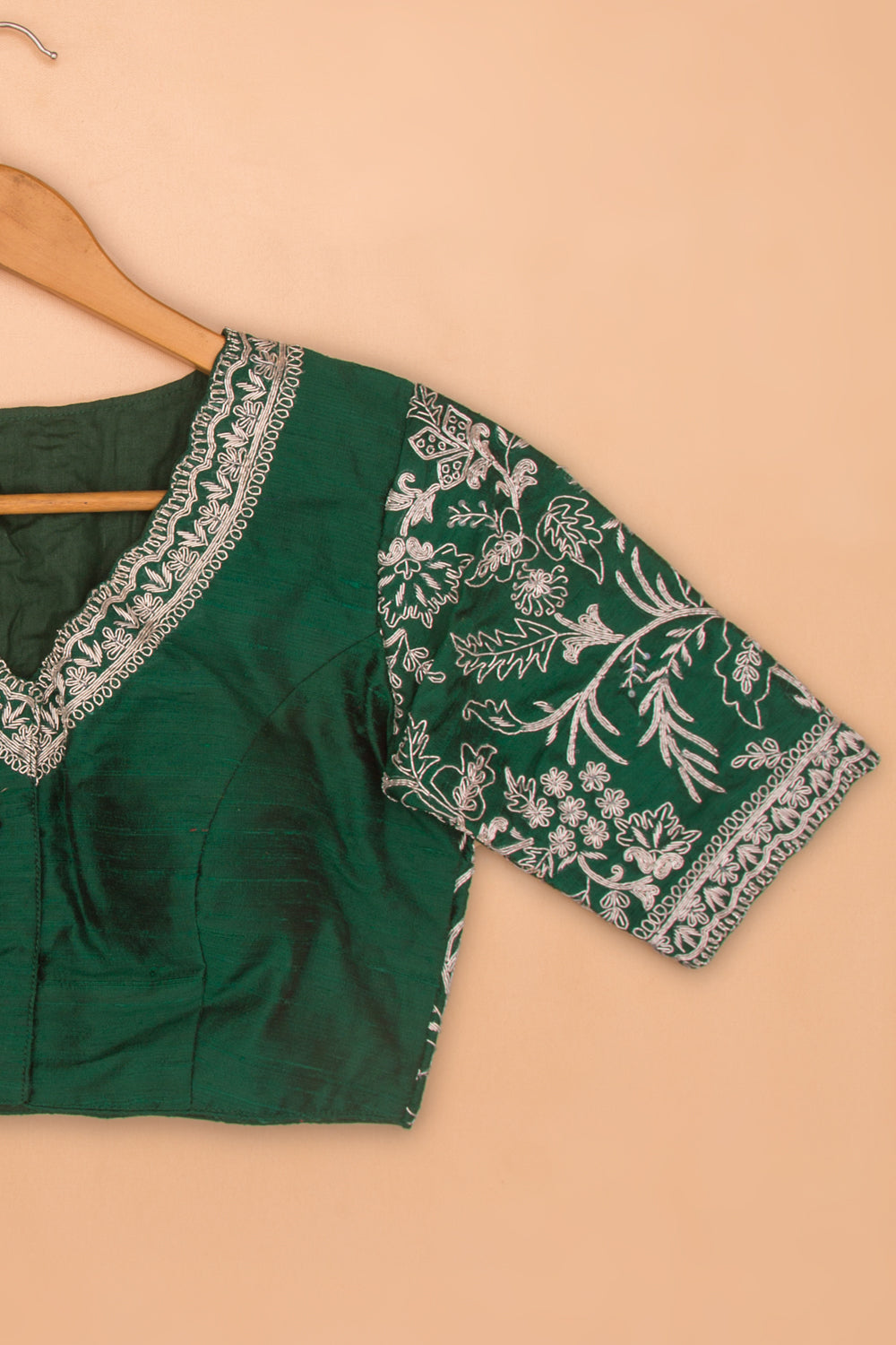 Raw Silk Readymade Padded Bottle Green Blouse