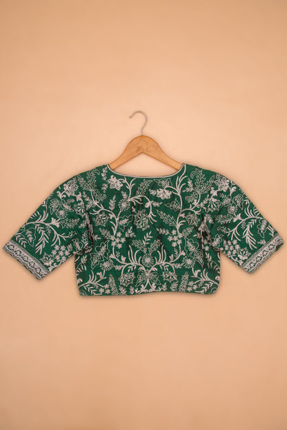 Raw Silk Readymade Padded Bottle Green Blouse