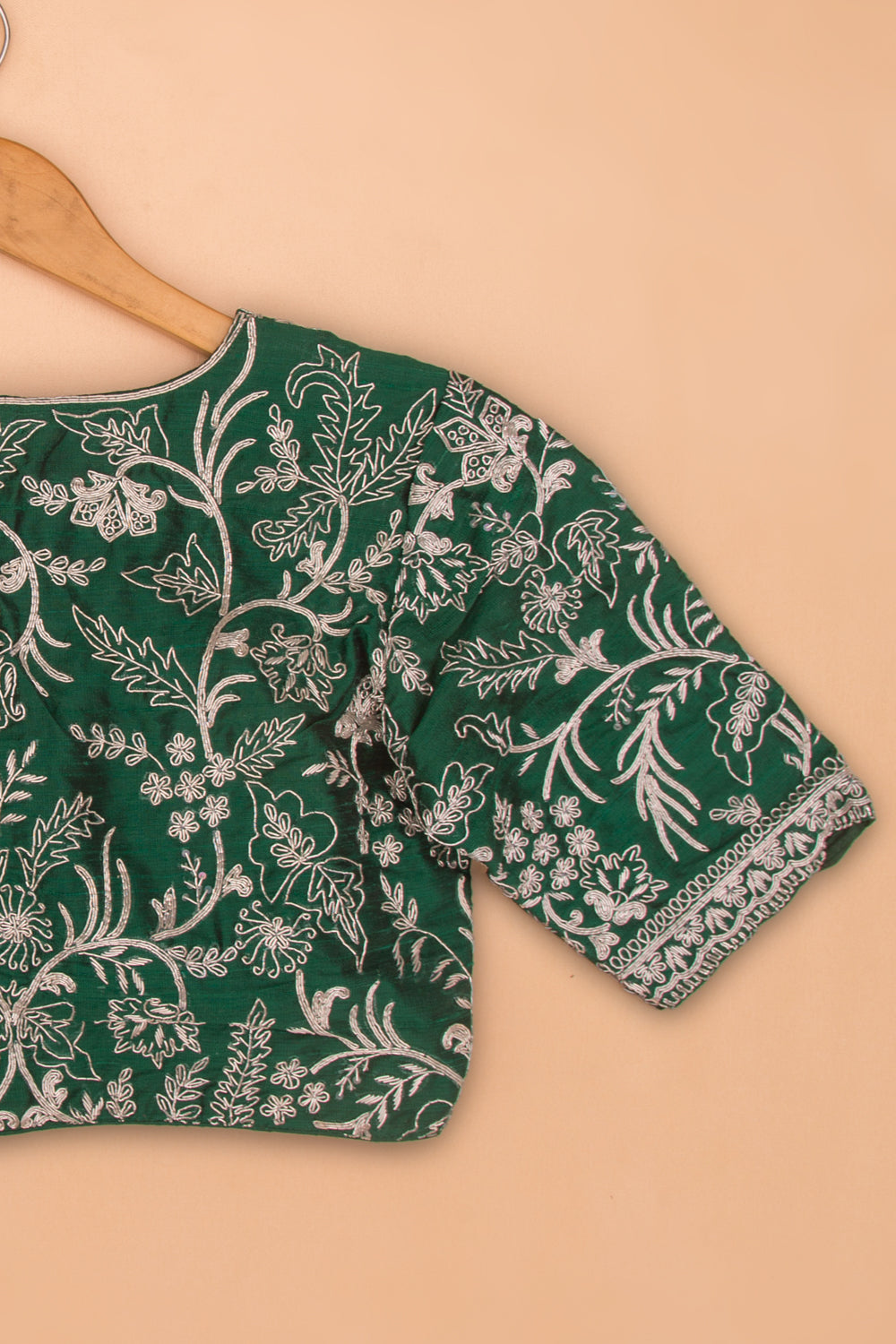 Raw Silk Readymade Padded Bottle Green Blouse