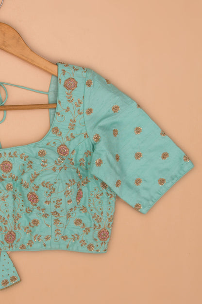 Raw Silk Readymade Padded Sky Blue Blouse