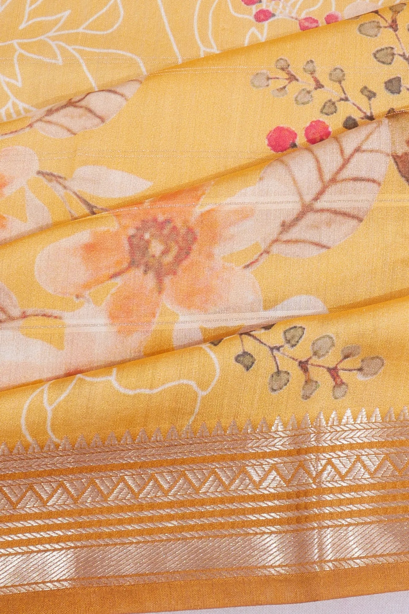 Chanderi Silk Floral Printed Yellow Saree