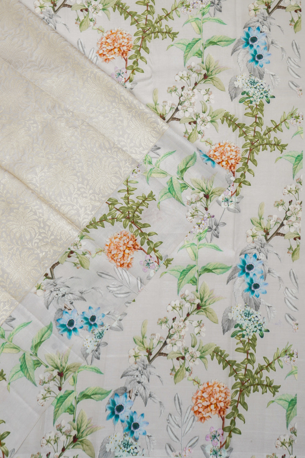 Kanchipuram Silk Brocade White Saree With Printed Border And Pallu